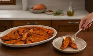 Patate dolci al forno, condite con erbe e noci, servite su un piatto ovale. Una mano sta servendo una porzione su un piattino.