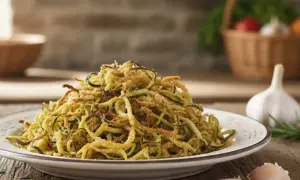 Un piatto invitante di spaghetti di zucchine dorati, conditi con pangrattato croccante, su un tavolo di legno rustico.