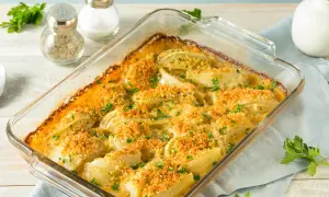 Finoçchi gratinati al forno, dorati e croccanti, con prezzemolo fresco. Un piatto invitante e saporito.