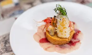 Un piatto elegante con una ricetta cous cous originale: gamberi, calamari e carpaccio di pesce su un letto di cous cous dorato, guarnito con erbe fresche.