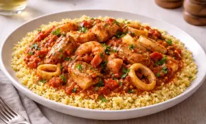 Un invitante cous cous di pesce con gamberi, anelli di calamaro e pezzi di pesce in salsa di pomodoro, guarnito con prezzemolo fresco.