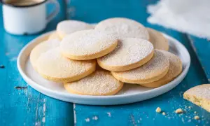 Biscotti senza lattosio spolverati di zucchero a velo su un piatto bianco, accanto a una tazza di caffè.