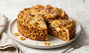 Un invitante anelletti alla palermitana, una torta salata di pasta con ragù e formaggio filante, servita su un piatto bianco.