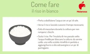 Guida su come cuocere il riso in bianco: porta l'acqua a ebollizione, versa il riso e cuoci senza mescolare. Scola e condisci a piacere.