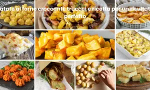 Collage di piatti a base di patate: patate al forno croccanti, tortino, patate arrosto e chips. Una ricetta con patate per ogni gusto.