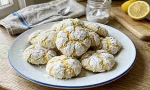 Piatto di biscotti al limone morbidi, spolverati di zucchero a velo, pronti per essere gustati.