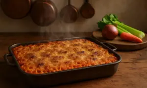 Anelletti al forno fumanti in teglia, con formaggio dorato e verdure fresche sullo sfondo.