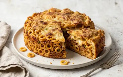Un invitante anelletti alla palermitana, una torta salata di pasta con ragù e formaggio filante, servita su un piatto bianco.