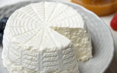 Ricotta fatta in casa, fresca e cremosa, servita su un piatto con mirtilli e fragole.