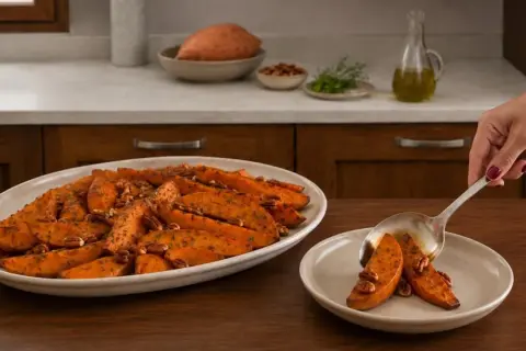 Patate dolci al forno, condite con erbe e noci, servite su un piatto ovale. Una mano sta servendo una porzione su un piattino.