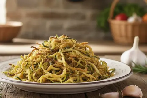 Un piatto invitante di spaghetti di zucchine dorati, conditi con pangrattato croccante, su un tavolo di legno rustico.