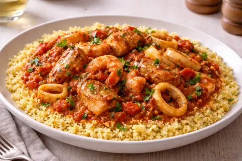 Un invitante cous cous di pesce con gamberi, anelli di calamaro e pezzi di pesce in salsa di pomodoro, guarnito con prezzemolo fresco.