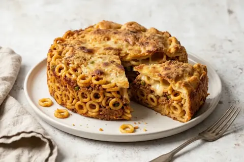 Un invitante anelletti alla palermitana, una torta salata di pasta con ragù e formaggio filante, servita su un piatto bianco.