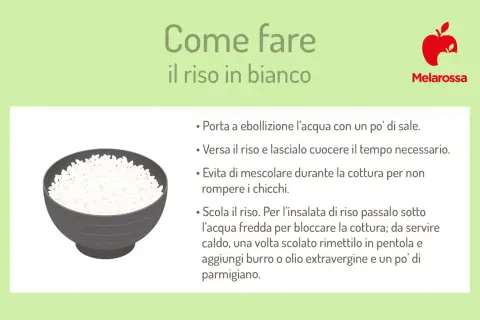 Guida su come cuocere il riso in bianco: porta l'acqua a ebollizione, versa il riso e cuoci senza mescolare. Scola e condisci a piacere.