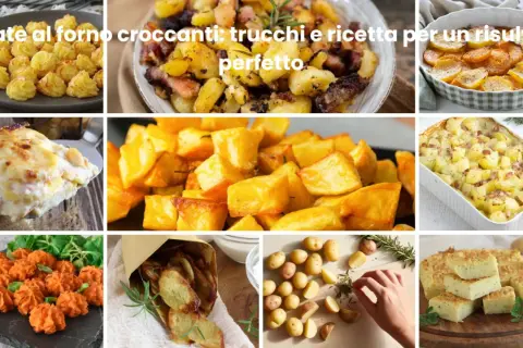 Collage di piatti a base di patate: patate al forno croccanti, tortino, patate arrosto e chips. Una ricetta con patate per ogni gusto.