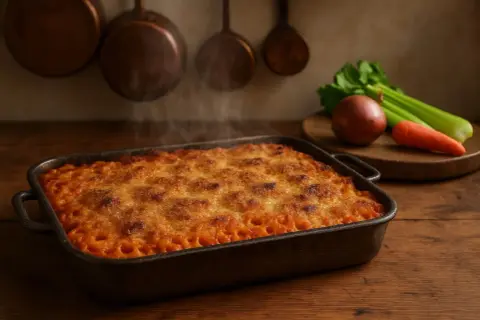 Anelletti al forno fumanti in teglia, con formaggio dorato e verdure fresche sullo sfondo.