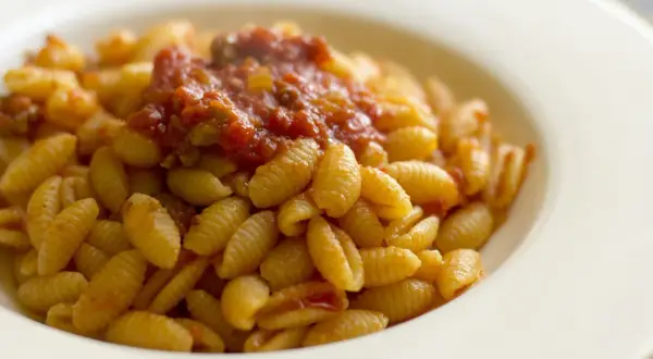 Malloreddus alla campidanese, pasta sarda con sugo di pomodoro e salsiccia, serviti in un piatto bianco.