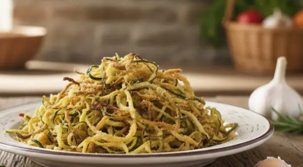 Un piatto invitante di spaghetti di zucchine dorati, conditi con pangrattato croccante, su un tavolo di legno rustico.