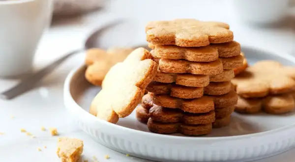 Frolla per biscotti a forma di fiore, impilata su un piatto bianco, con una tazza di caffè sullo sfondo.