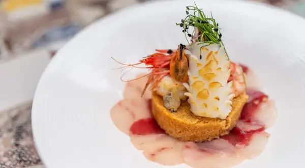 Un piatto elegante con una ricetta cous cous originale: gamberi, calamari e carpaccio di pesce su un letto di cous cous dorato, guarnito con erbe fresche.