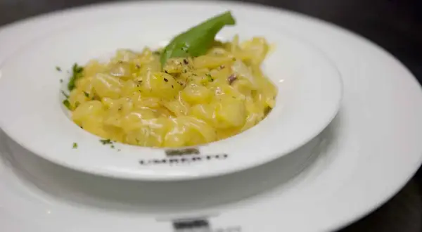 Un piatto di pasta e patate cremoso, guarnito con basilico fresco e pepe nero, servito in un elegante piatto bianco.
