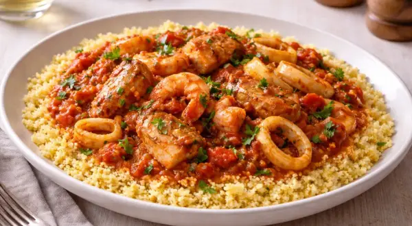 Un invitante cous cous di pesce con gamberi, anelli di calamaro e pezzi di pesce in salsa di pomodoro, guarnito con prezzemolo fresco.