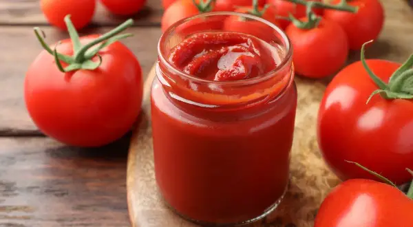 Un vasetto di ketchup fatto in casa, denso e rosso vivo, circondato da pomodori freschi su un tagliere di legno.