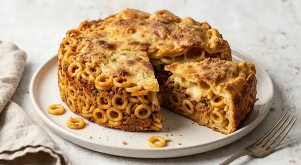 Un invitante anelletti alla palermitana, una torta salata di pasta con ragù e formaggio filante, servita su un piatto bianco.