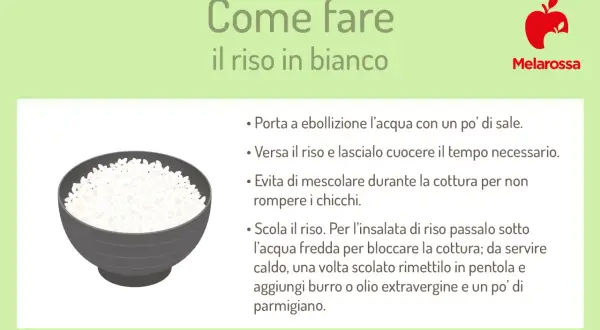 Guida su come cuocere il riso in bianco: porta l'acqua a ebollizione, versa il riso e cuoci senza mescolare. Scola e condisci a piacere.