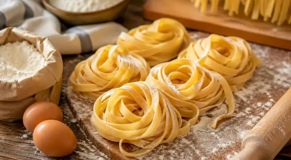 Nidi di pasta fatta in casa, farina, uova e mattarello su un tagliere di legno.