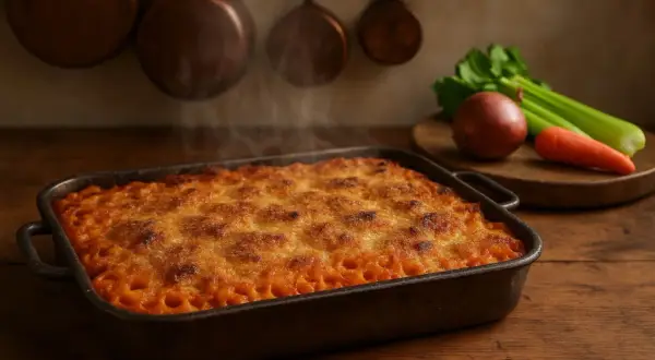Anelletti al forno fumanti in teglia, con formaggio dorato e verdure fresche sullo sfondo.