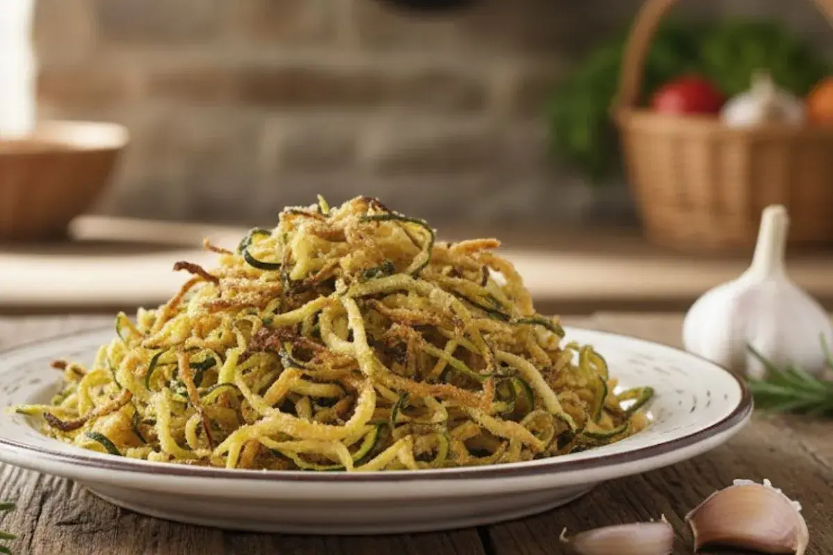 Un piatto invitante di spaghetti di zucchine dorati, conditi con pangrattato croccante, su un tavolo di legno rustico.