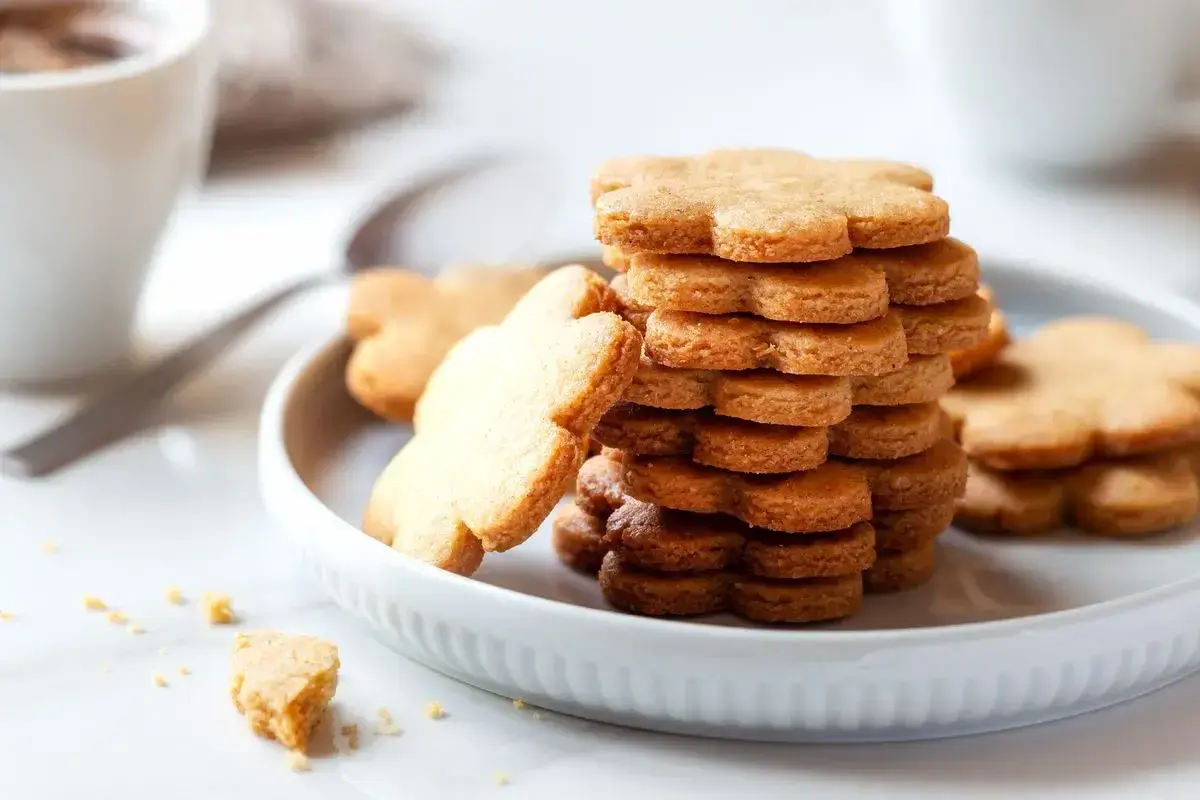 Frolla per biscotti a forma di fiore, impilata su un piatto bianco, con una tazza di caffè sullo sfondo.