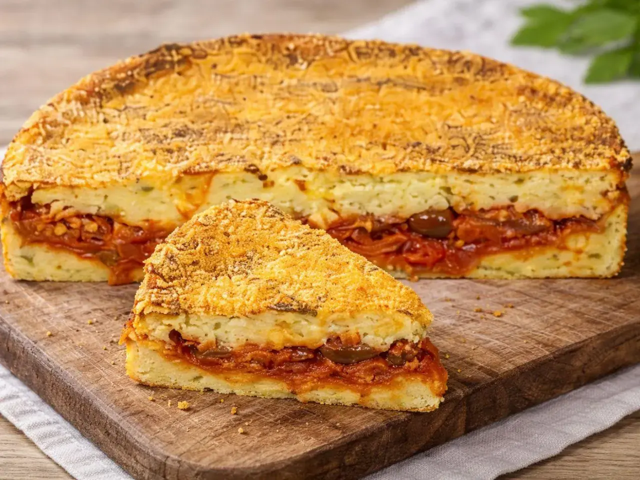Una fetta di pitta di patate, con strati di ripieno saporito e crosta dorata, pronta per essere gustata.