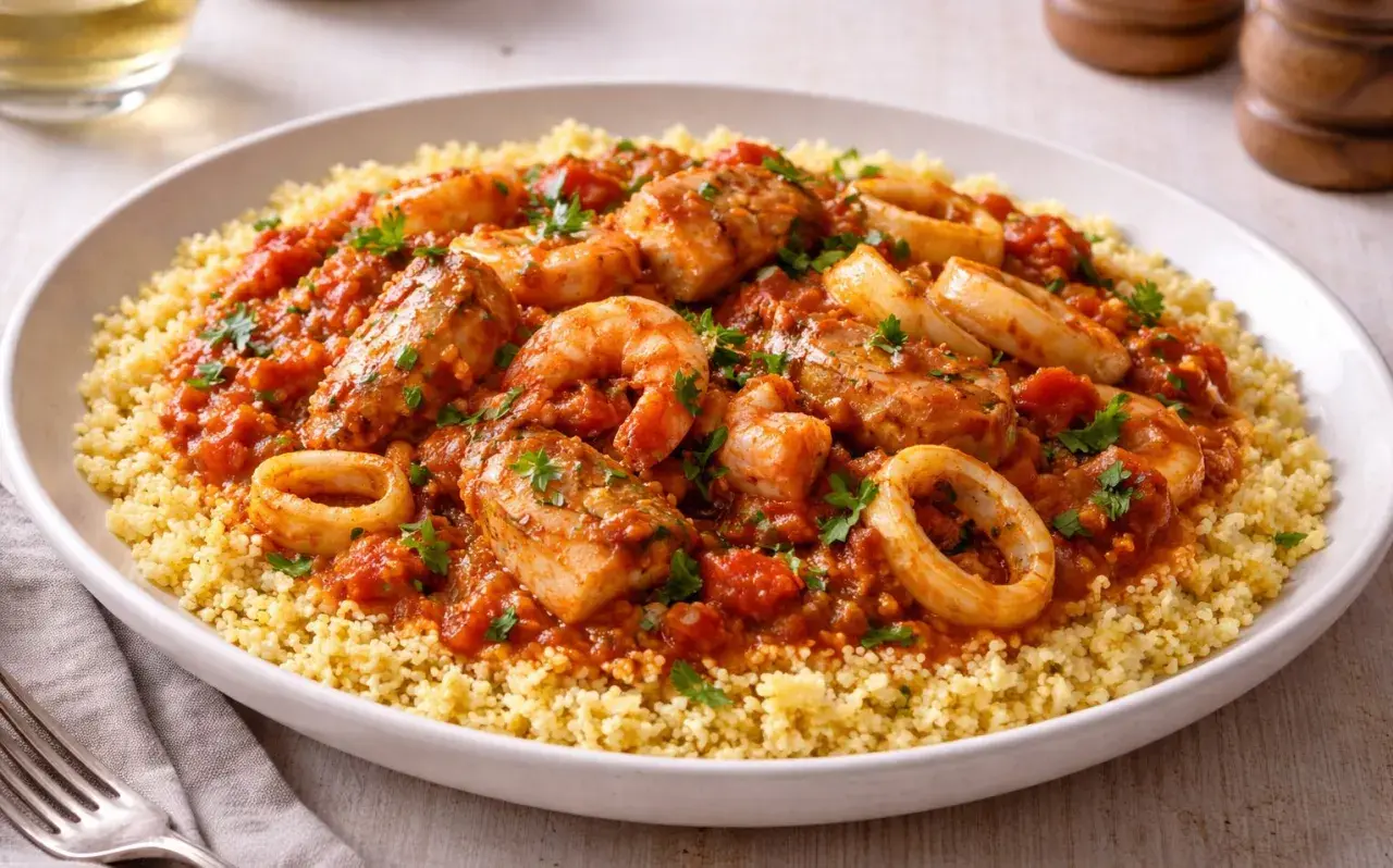 Un invitante cous cous di pesce con gamberi, anelli di calamaro e pezzi di pesce in salsa di pomodoro, guarnito con prezzemolo fresco.