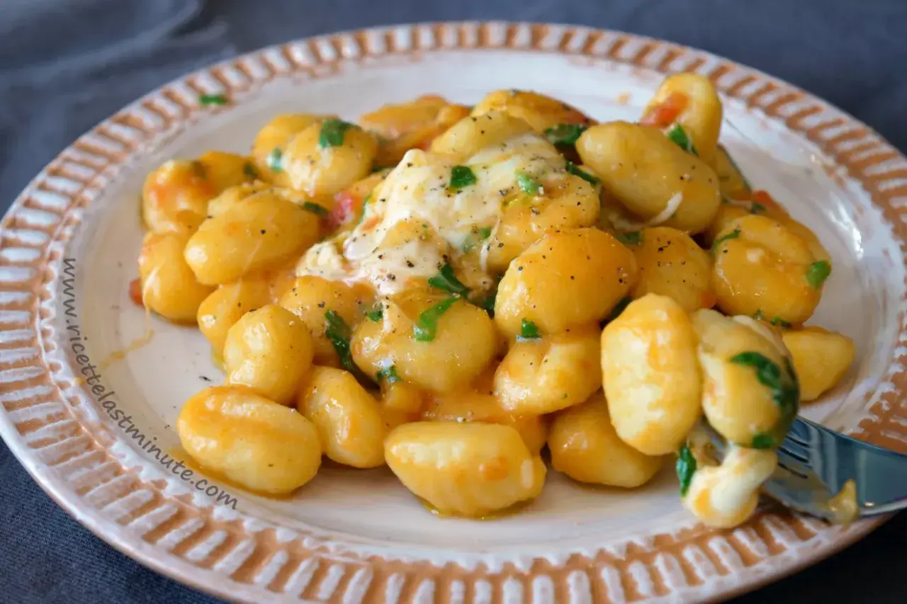 Gnocchi di spinaci cremosi con formaggio filante e prezzemolo fresco, serviti su un piatto decorato.