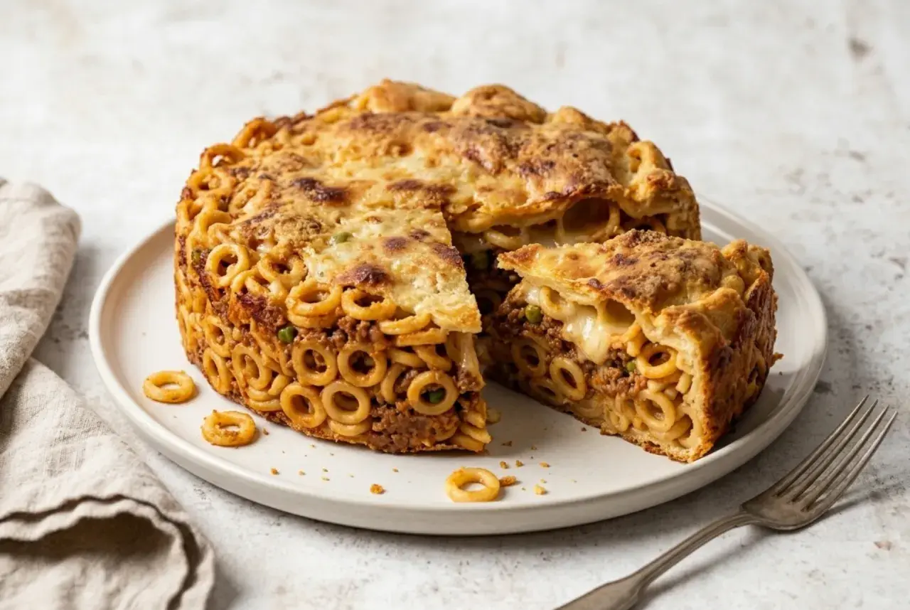 Un invitante anelletti alla palermitana, una torta salata di pasta con ragù e formaggio filante, servita su un piatto bianco.
