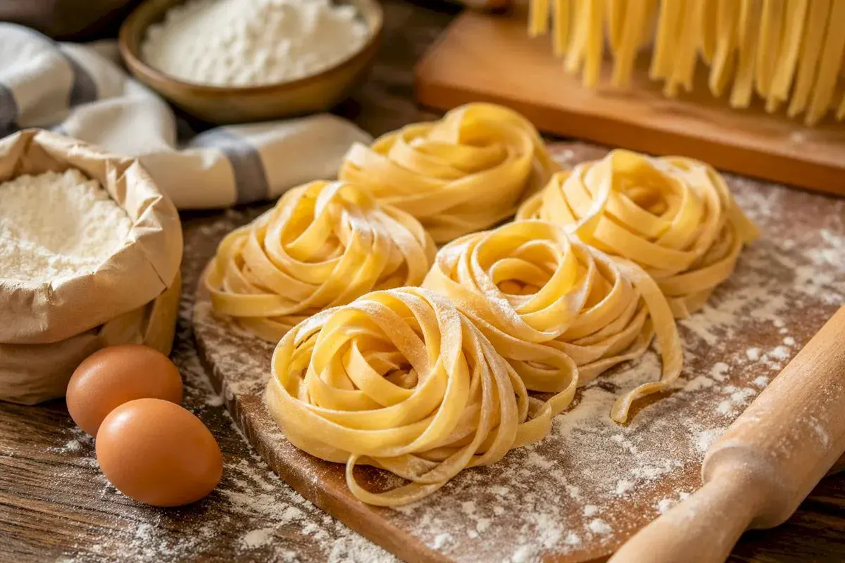 Nidi di pasta fatta in casa, farina, uova e mattarello su un tagliere di legno.
