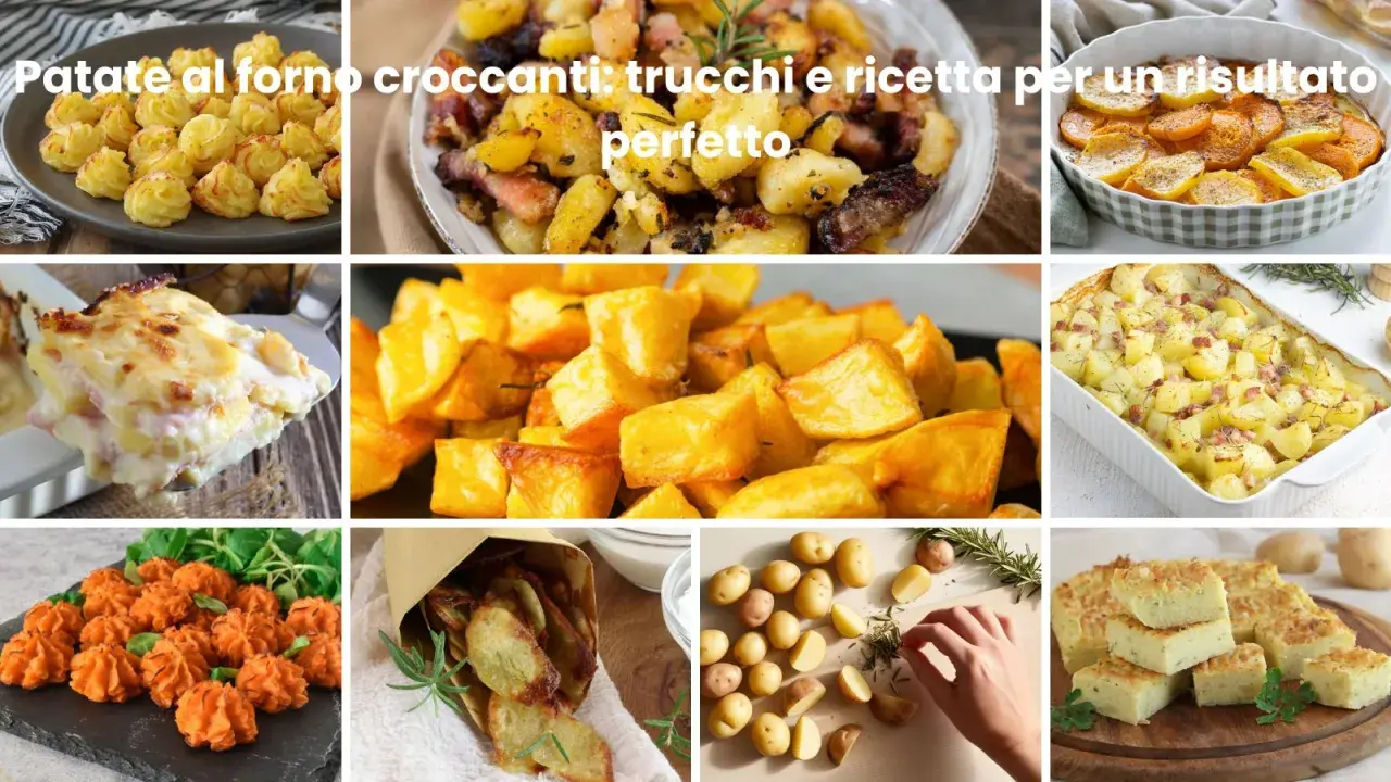 Collage di piatti a base di patate: patate al forno croccanti, tortino, patate arrosto e chips. Una ricetta con patate per ogni gusto.