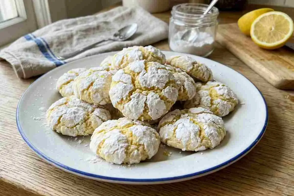 Piatto di biscotti al limone morbidi, spolverati di zucchero a velo, pronti per essere gustati.