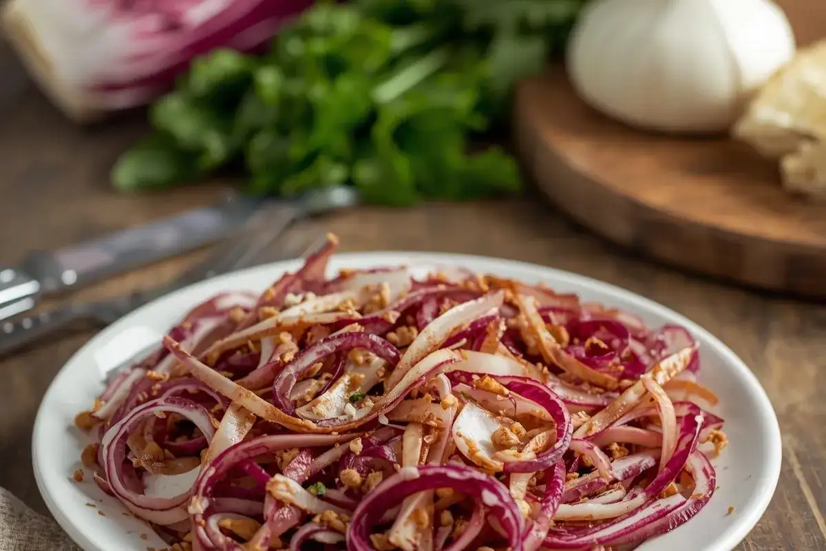 Radicchio in padella, un contorno saporito con cipolle caramellate e noci croccanti.