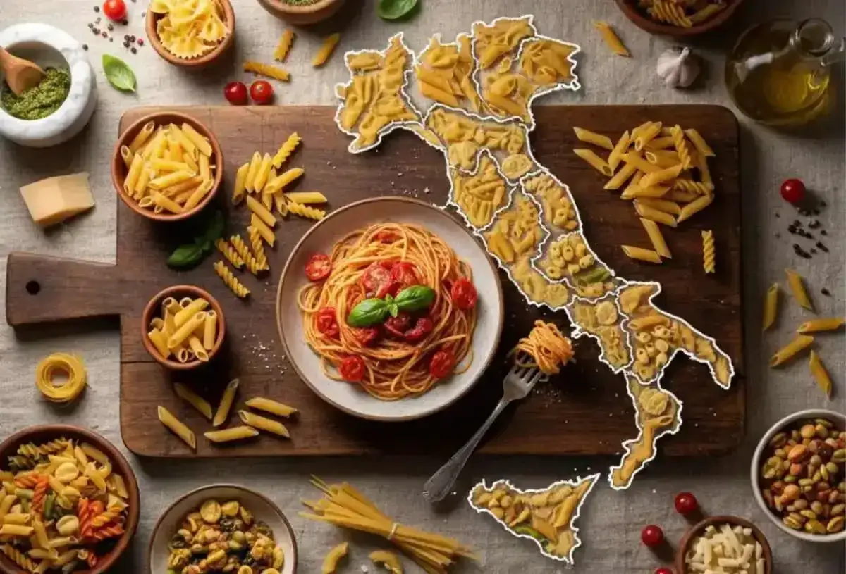Una mappa d'Italia creata con vari tipi di pasta, circondata da ciotole di condimenti per pasta, pomodorini e basilico.