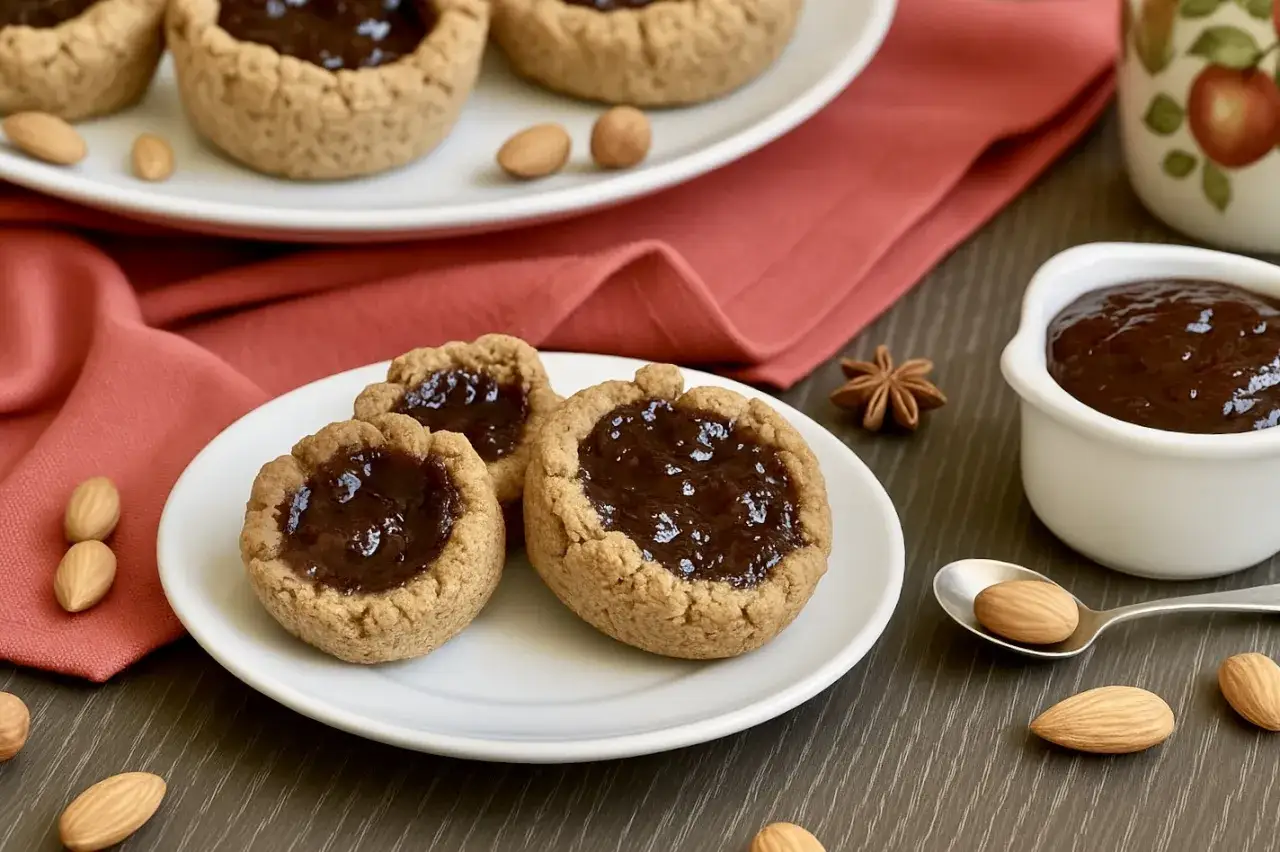 Biscotti grano saraceno ripieni di marmellata scura, con mandorle sparse e una ciotolina di marmellata.