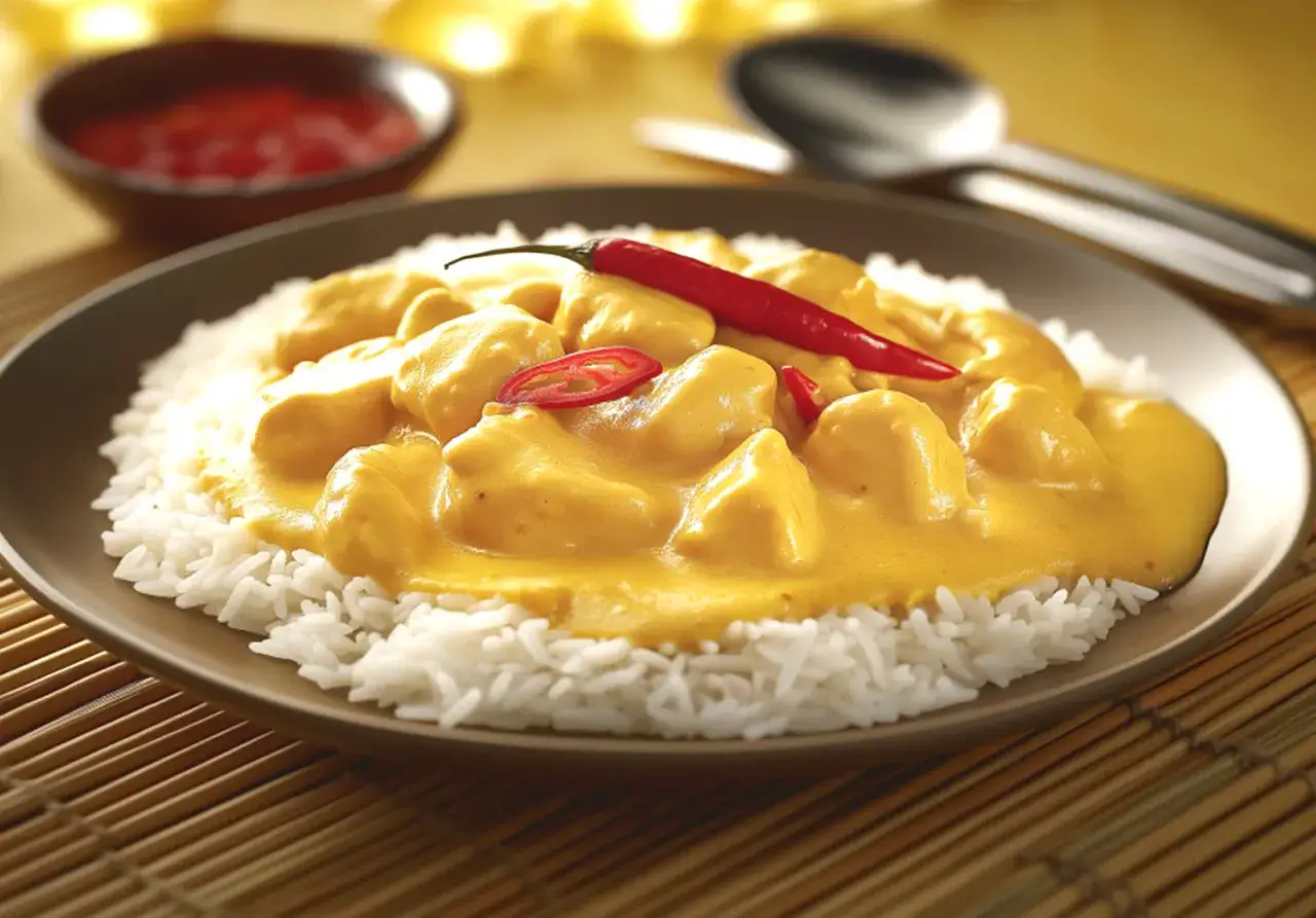 Straccetti di pollo al curry cremosi su riso bianco, guarniti con peperoncino fresco. Un piatto invitante e saporito.