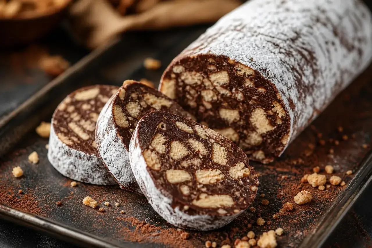 Un delizioso salame al cioccolato, cosparso di zucchero a velo, con tre fette tagliate su un vassoio scuro.