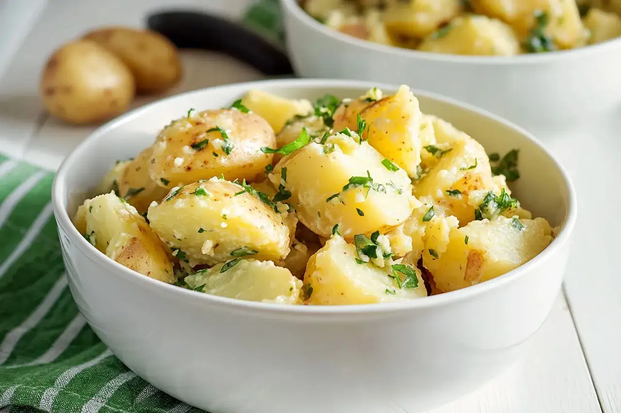 Una ciotola bianca piena di saporita insalata di patate, condita con erbe fresche e aglio.