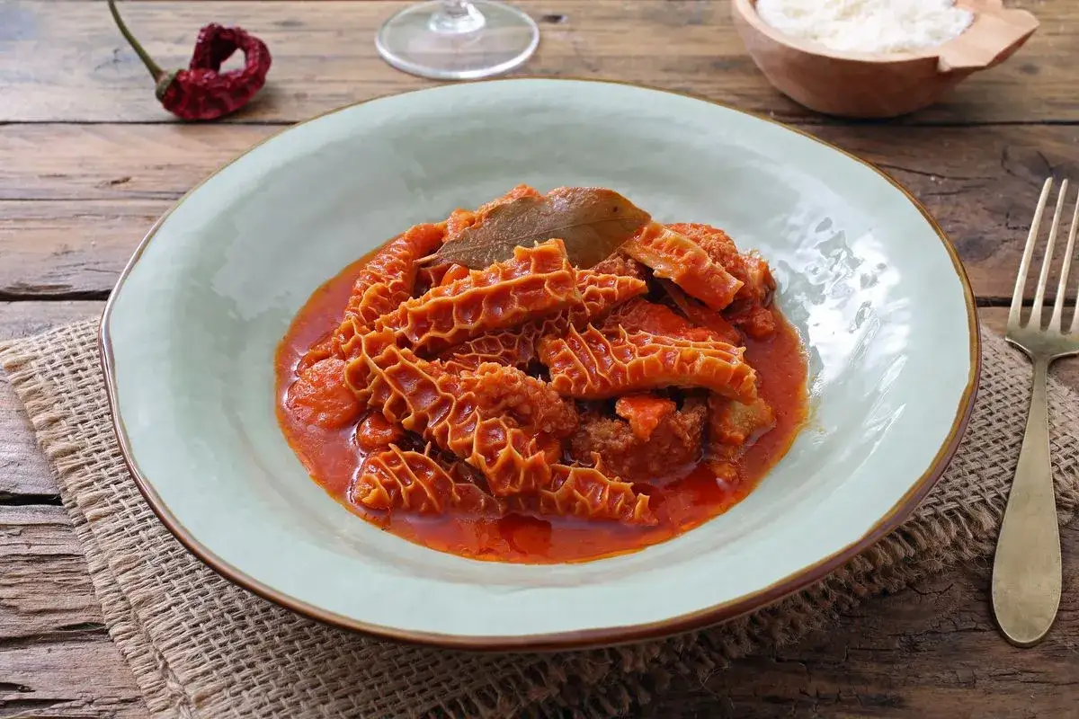 Un piatto fumante di trippa alla fiorentina, con la sua consistenza unica e il sugo rosso, pronto per essere gustato.