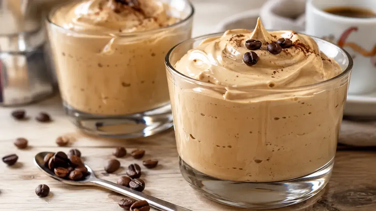 Due bicchieri di soffice crema al caffè, guarniti con chicchi tostati e cacao. Un cucchiaino pieno di chicchi di caffè completa la scena.