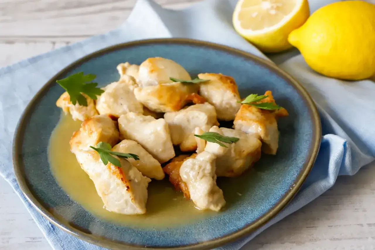 Bocconcini di pollo succulenti in salsa dorata, guarniti con prezzemolo fresco. Due limoni gialli completano la scena.
