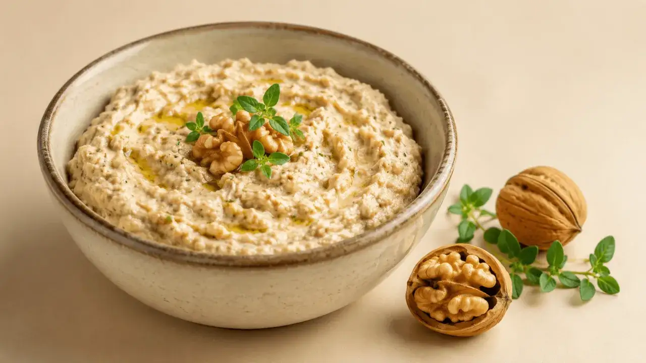 Cremoso pesto di noci in una ciotola, guarnito con noci e erbe fresche.